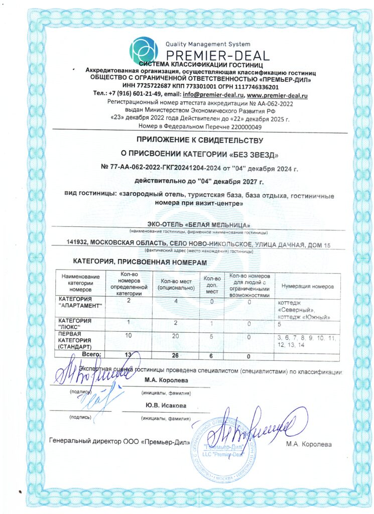 Свидетельство 2 &bull; Эко-отель "Белая Мельница"